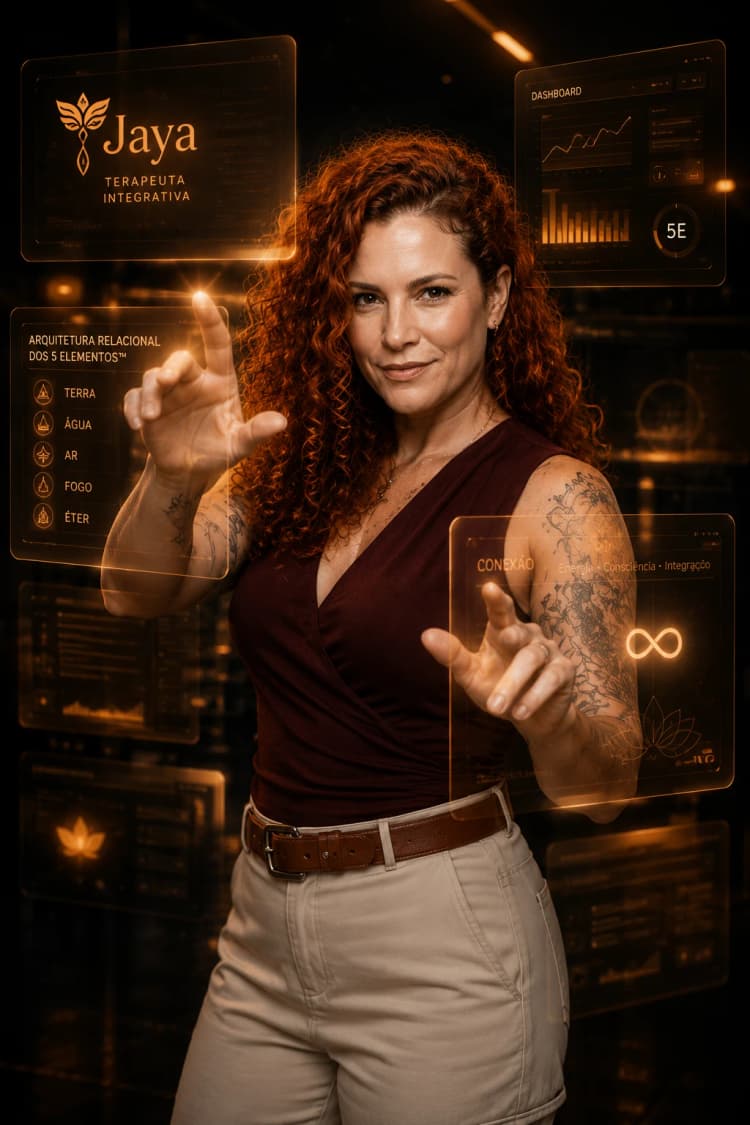 Jaya Roberta interagindo com painéis tecnológicos laranja