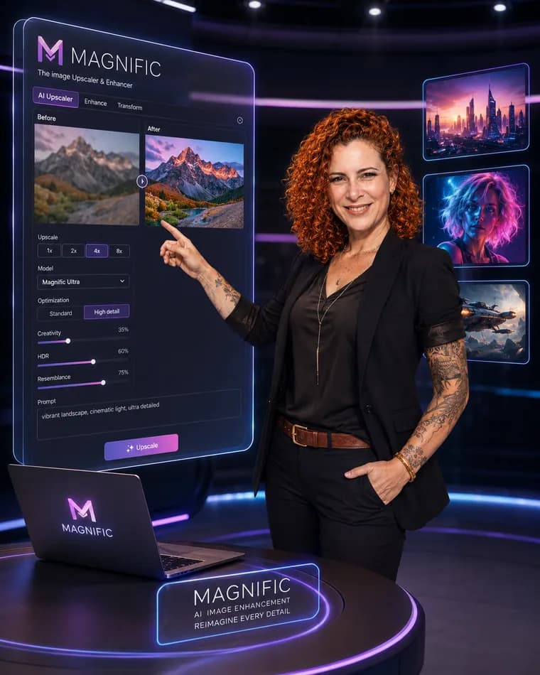 Jaya Roberta apontando para o painel de upscale do Magnific