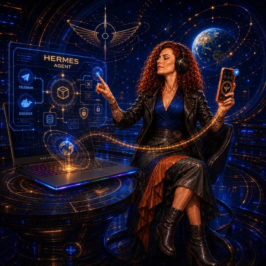 Jaya Roberta diante de um painel holográfico do Hermes Agent, com ícones de Telegram e Docker ligados por linhas de luz a um notebook