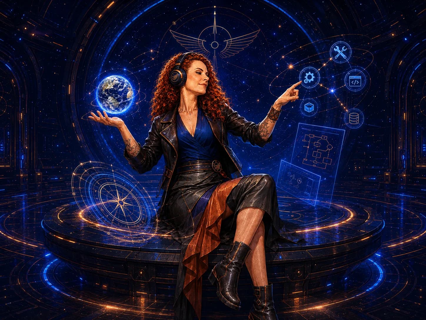 Jaya Roberta sentada numa plataforma circular futurista, sustentando um globo luminoso numa das mãos e tocando um painel de ícones de ferramentas com a outra