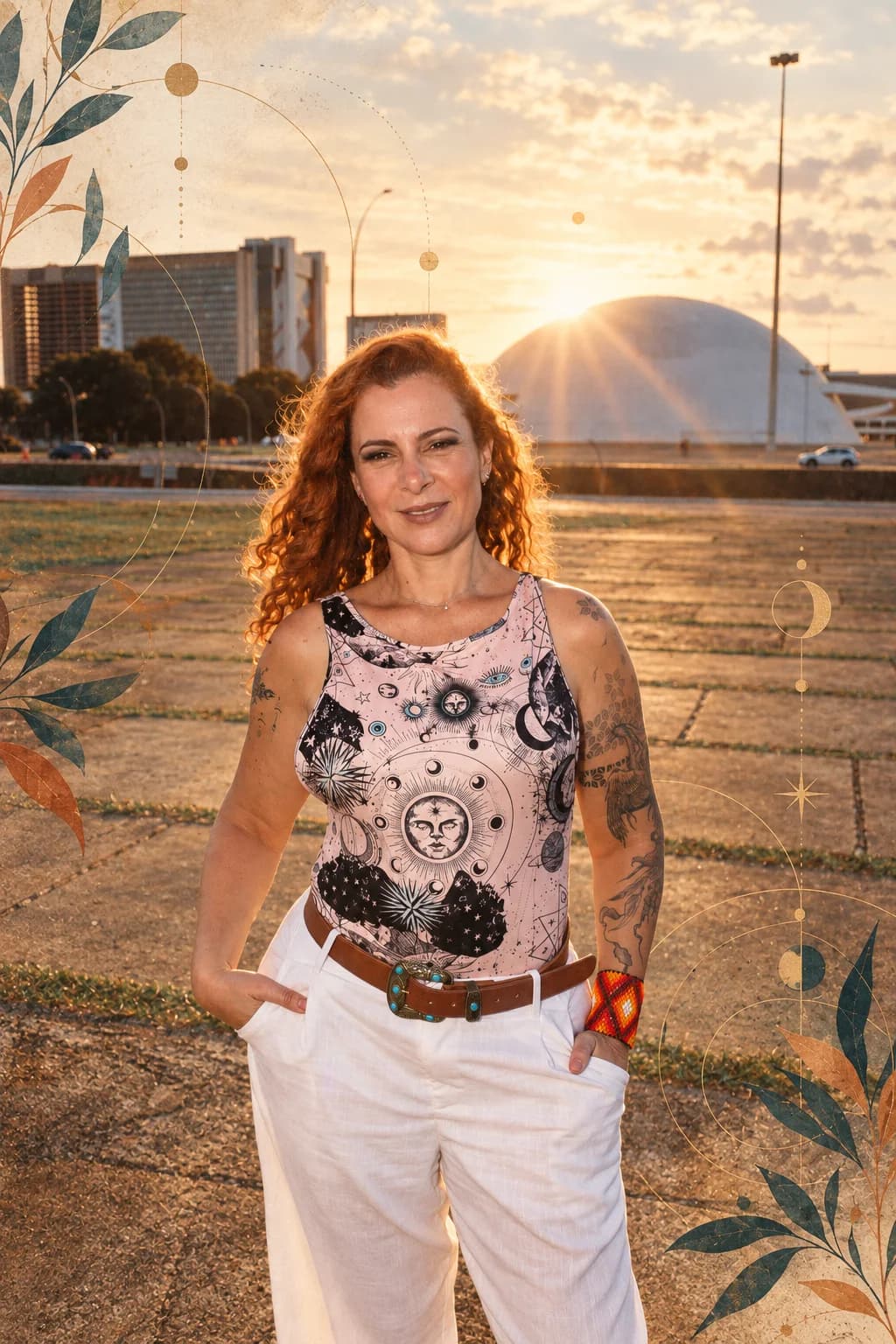 Jaya Roberta em pé, de regata estampada, com o pôr do sol de Brasília ao fundo