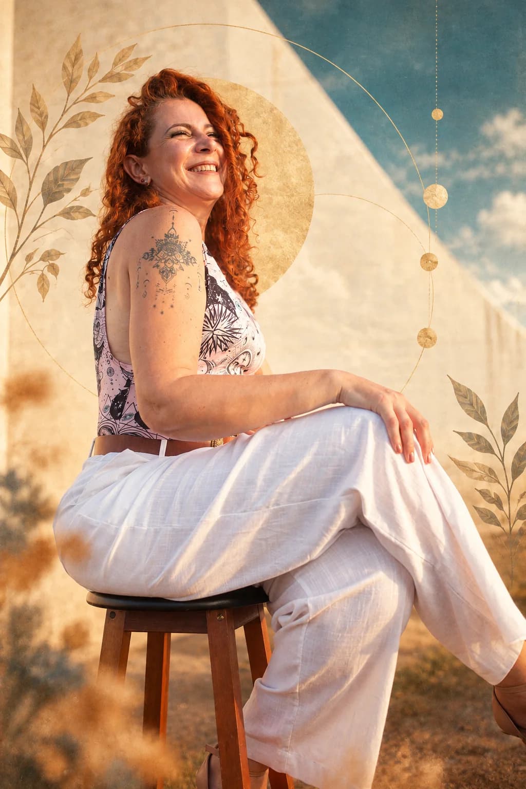 Jaya Roberta sentada num banco, sorrindo, diante de uma parede de concreto