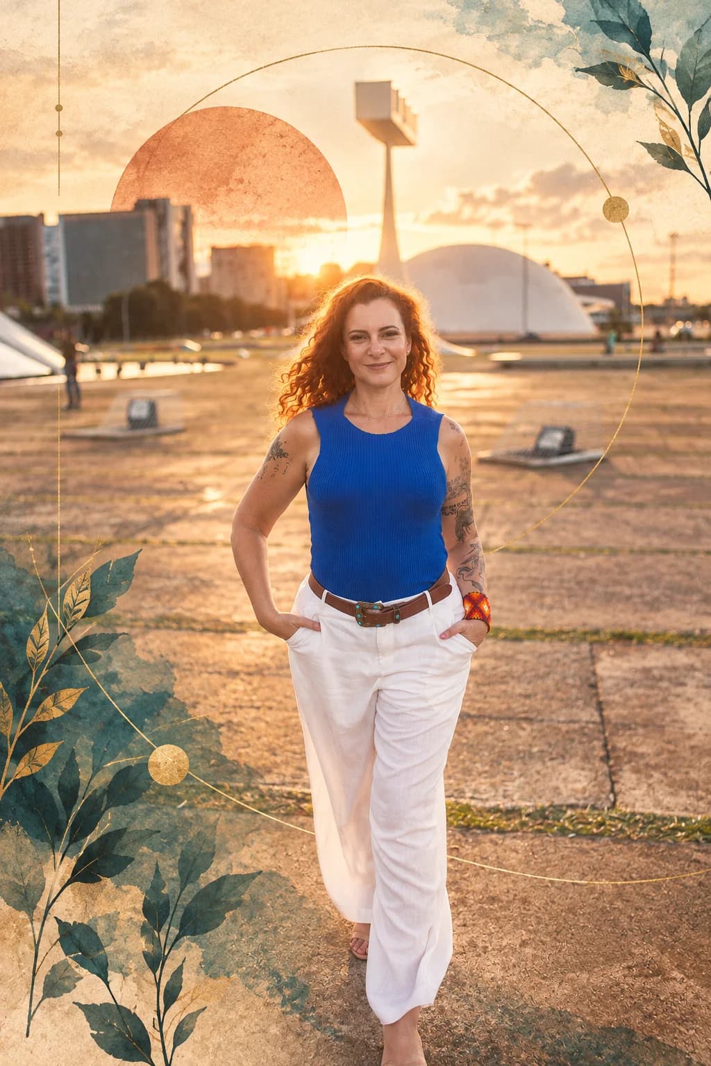 Jaya Roberta caminhando, de regata azul, com a cúpula do Museu Nacional ao fundo