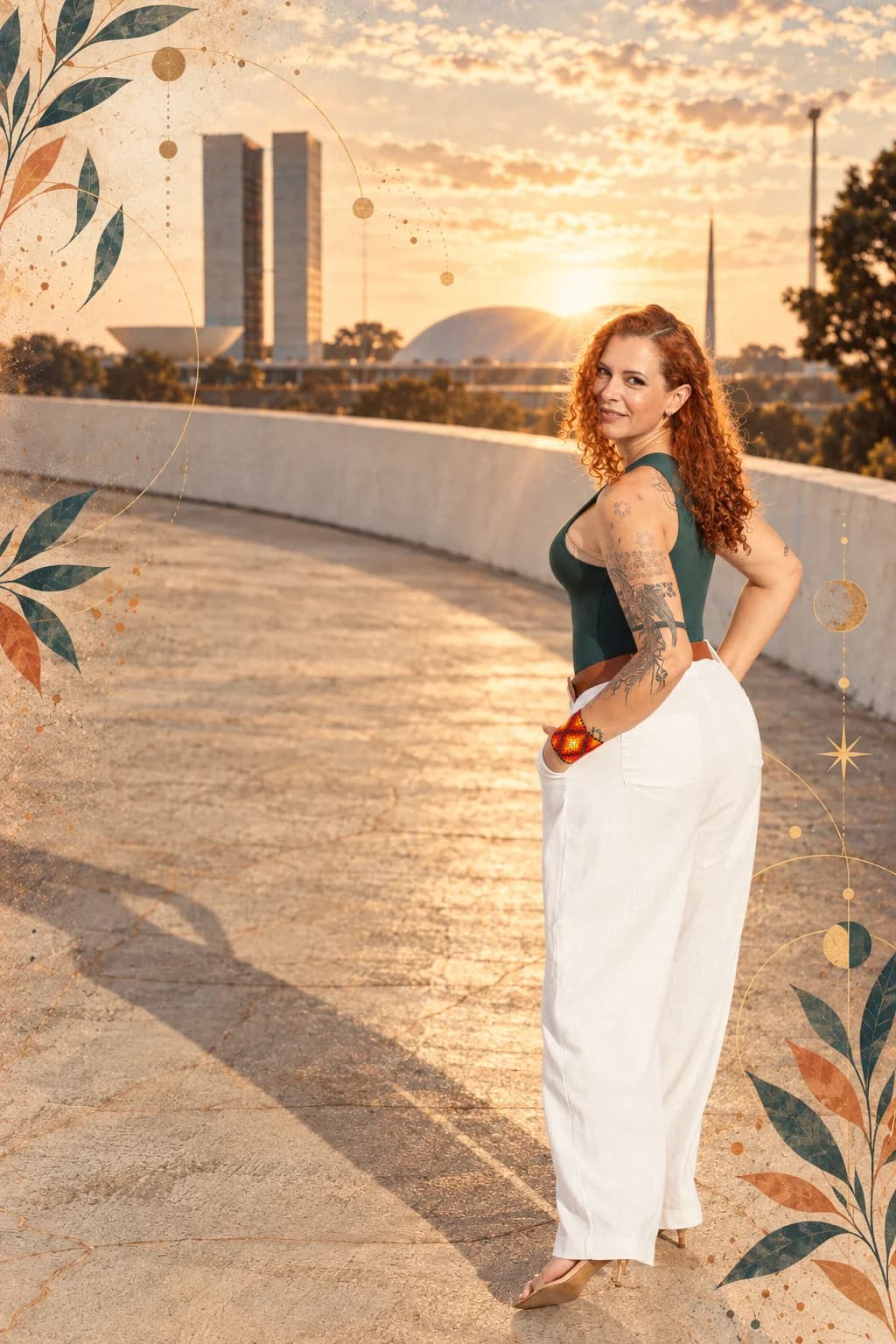 Jaya Roberta de costas, olhando por cima do ombro, com o Congresso Nacional ao pôr do sol