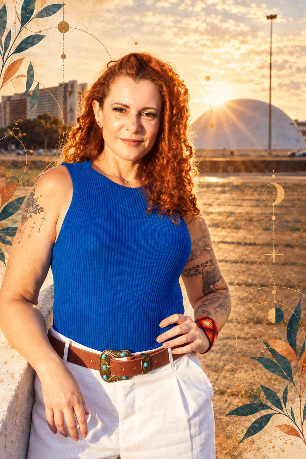 Jaya Roberta de regata azul, com a mão na cintura, ao pôr do sol em Brasília