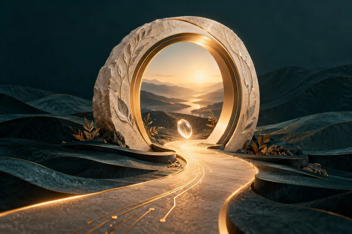 Começar: portal de pedra clara e ouro com um caminho luminoso.