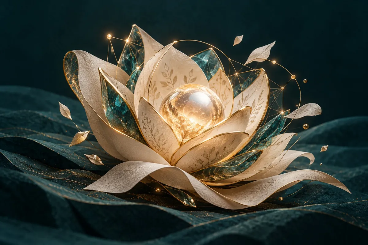 Criar: flor de papel e vidro com uma esfera luminosa no centro.
