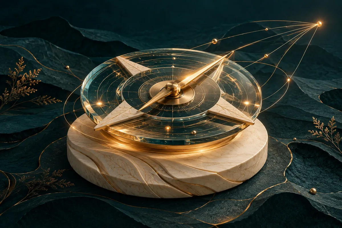 Orientar: bússola de vidro e ouro com conexões luminosas.