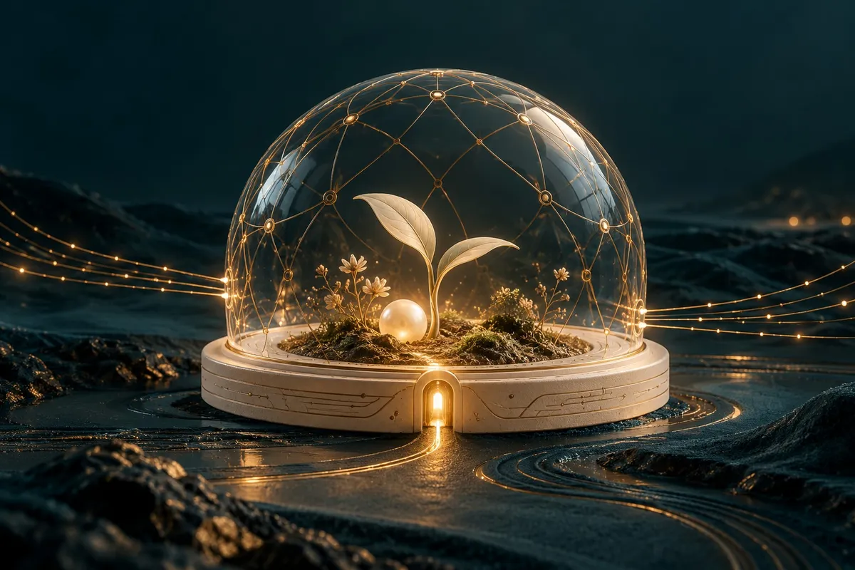 Proteger: cúpula transparente que protege uma pequena planta.