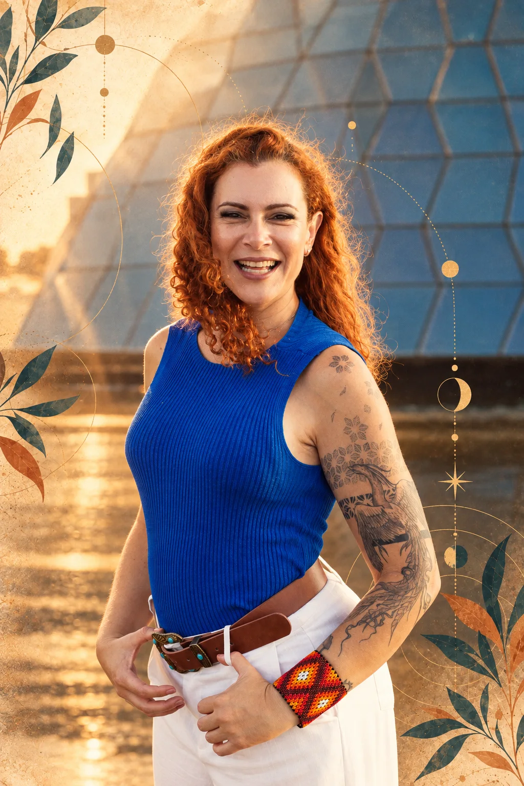 Jaya sorrindo, de regata azul, diante da cúpula de vidro, com o resultado em mãos.